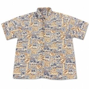 Windham Pointe Hawaiian Shirt Mens XXL Blue Tan Beige Tropical Aloha Camp